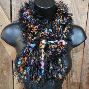 Black Eyelash Yarn Multicolored Scarf Fashion Fun Fur Mini Pompoms  Vintage Y2K